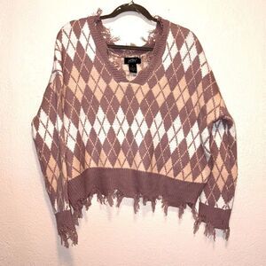 Just Polly argyle distressed sweater v-neck